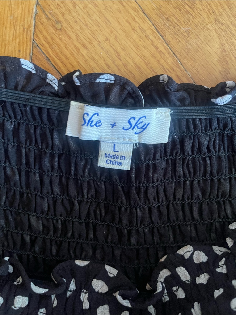 She + Sky L Black Long Sleeve Smocked Light- Weight Peasant Top - Picture 3 of 10